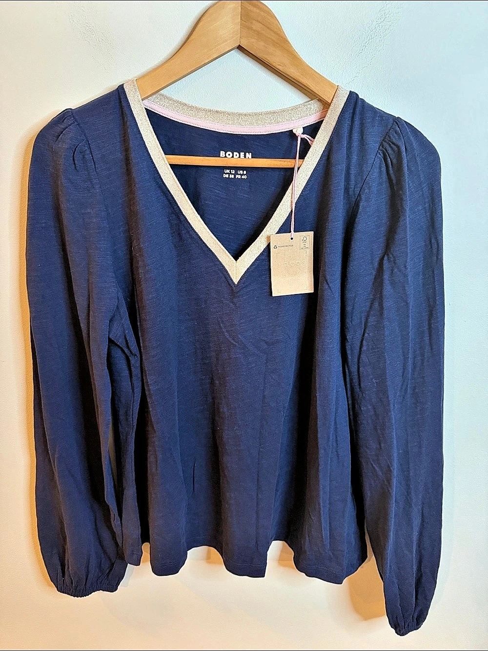 Boden V-Neck Blouse in Blue Size 8 NWT
